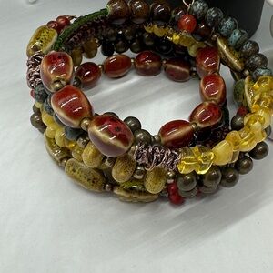 Boho Agate Memory Wire Bracelet: Handmade Brown Gold Jewelry